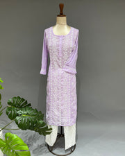 Mul Cotton Chikankari Long Kurti - Lavender