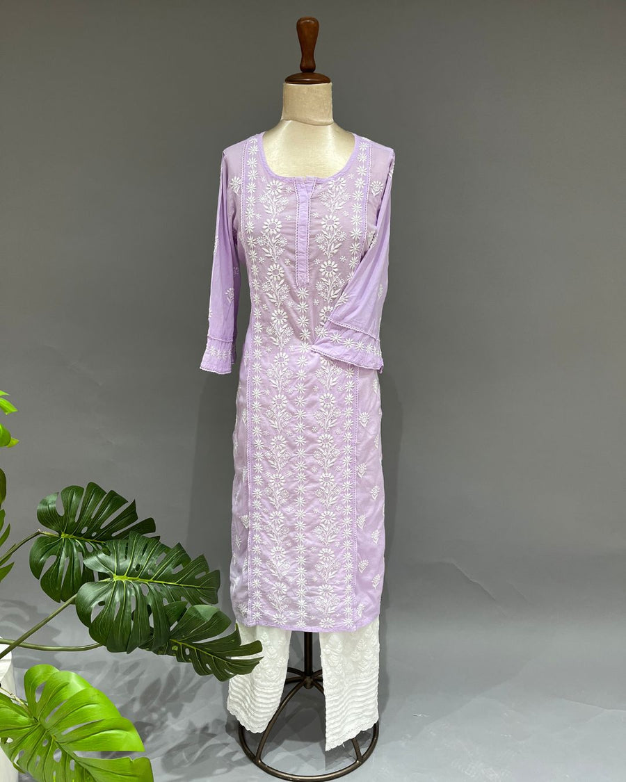 Mul Cotton Chikankari Long Kurti - Lavender