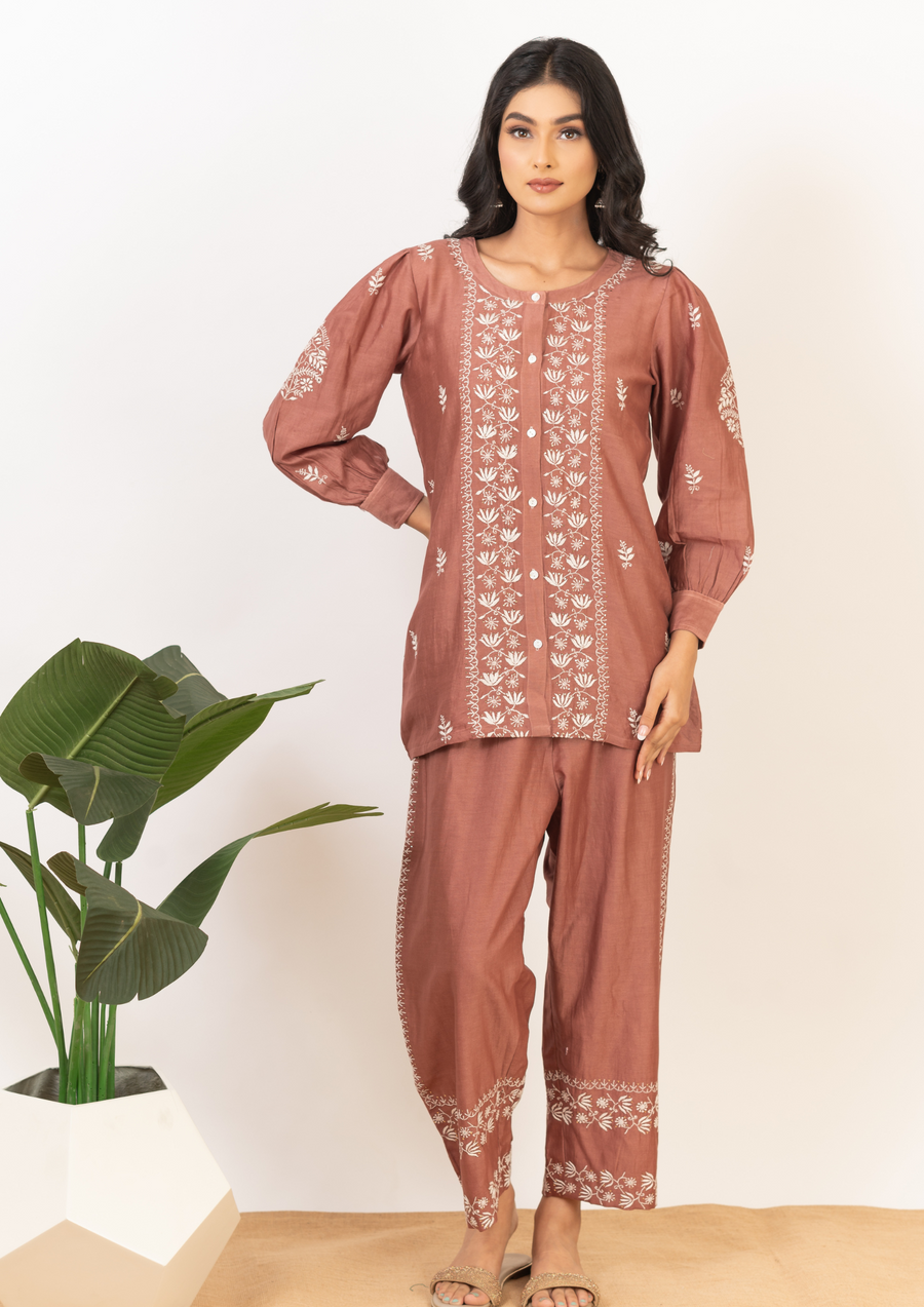 Chanderi chikankari coord set - Caramel brown