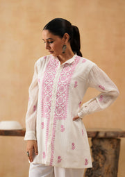 Chikankari Mul Chanderi Co-ord set - White and Pink