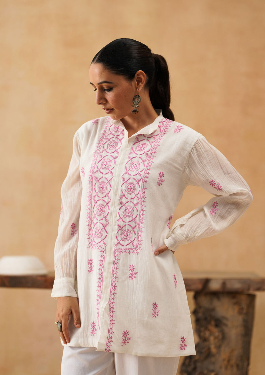 Chikankari Mul Chanderi Co-ord set - White and Pink