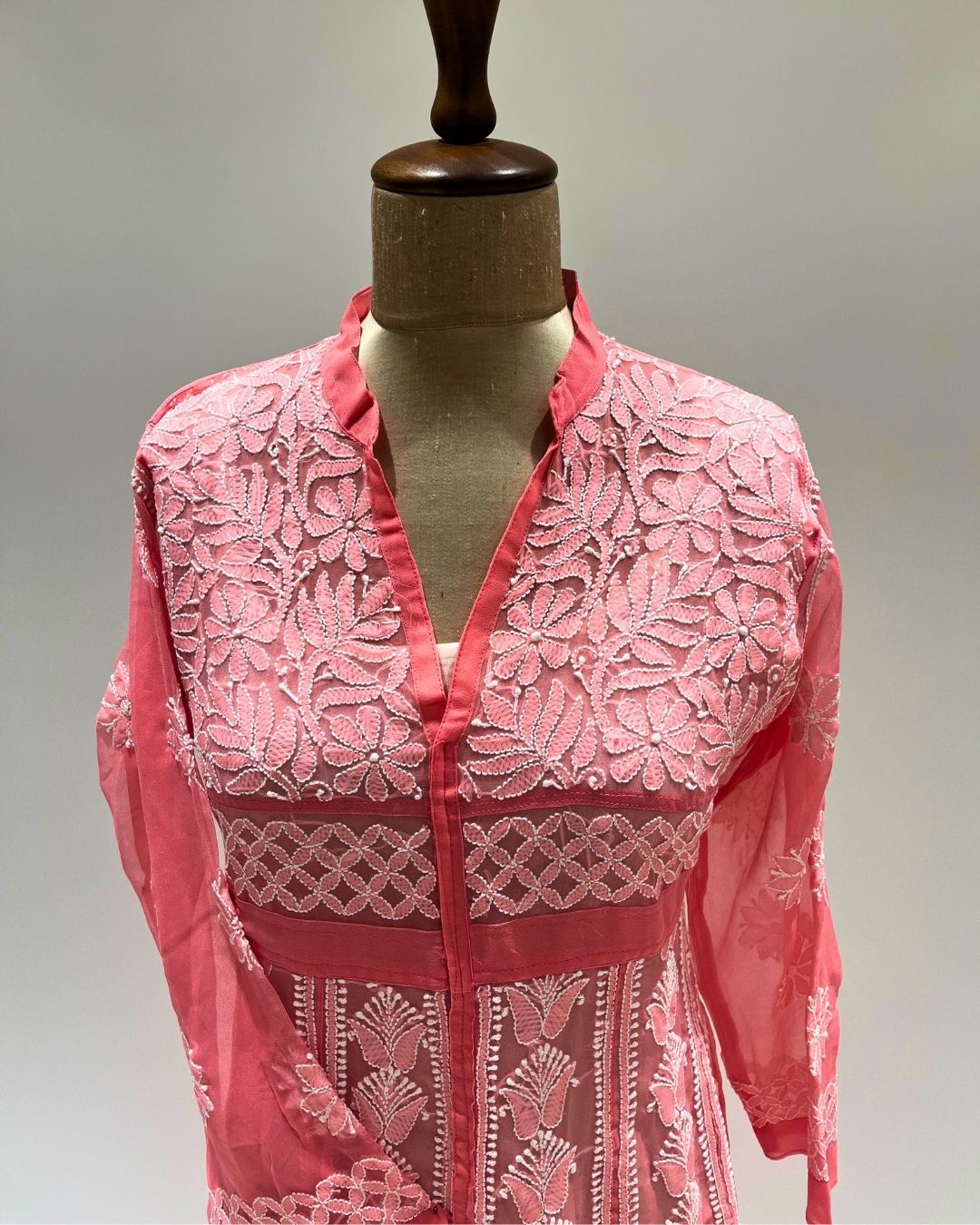 Georgette Anarkali Chikankari Kurta- Coral Pink