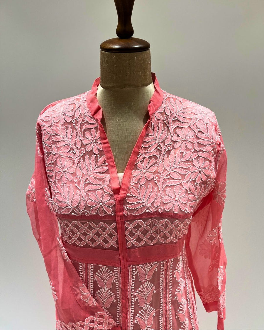 Georgette Anarkali Chikankari Kurta- Coral Pink