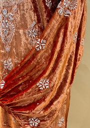 Velvet Chikankari Unstitched Coord Set - Rust Orange