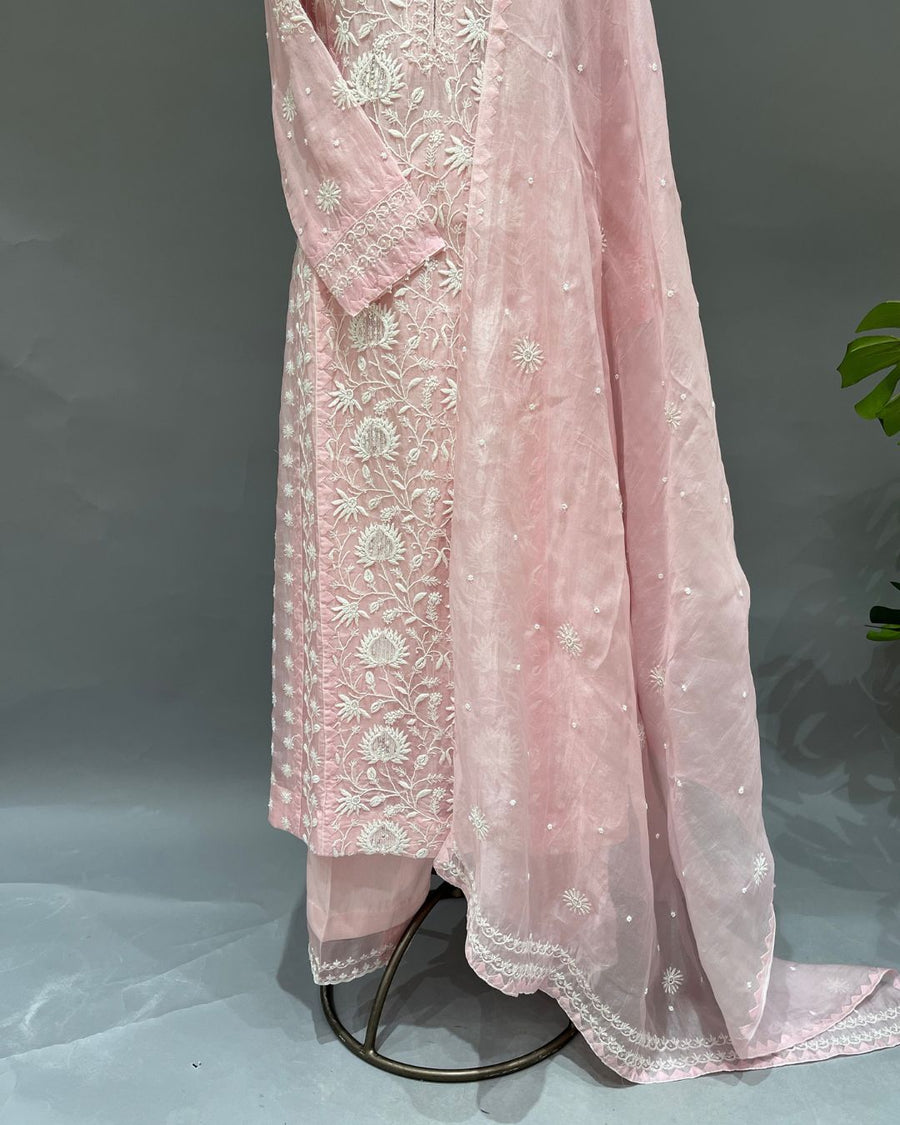 Organza Chikankari 3pc Stitched Suit - Blush Pink