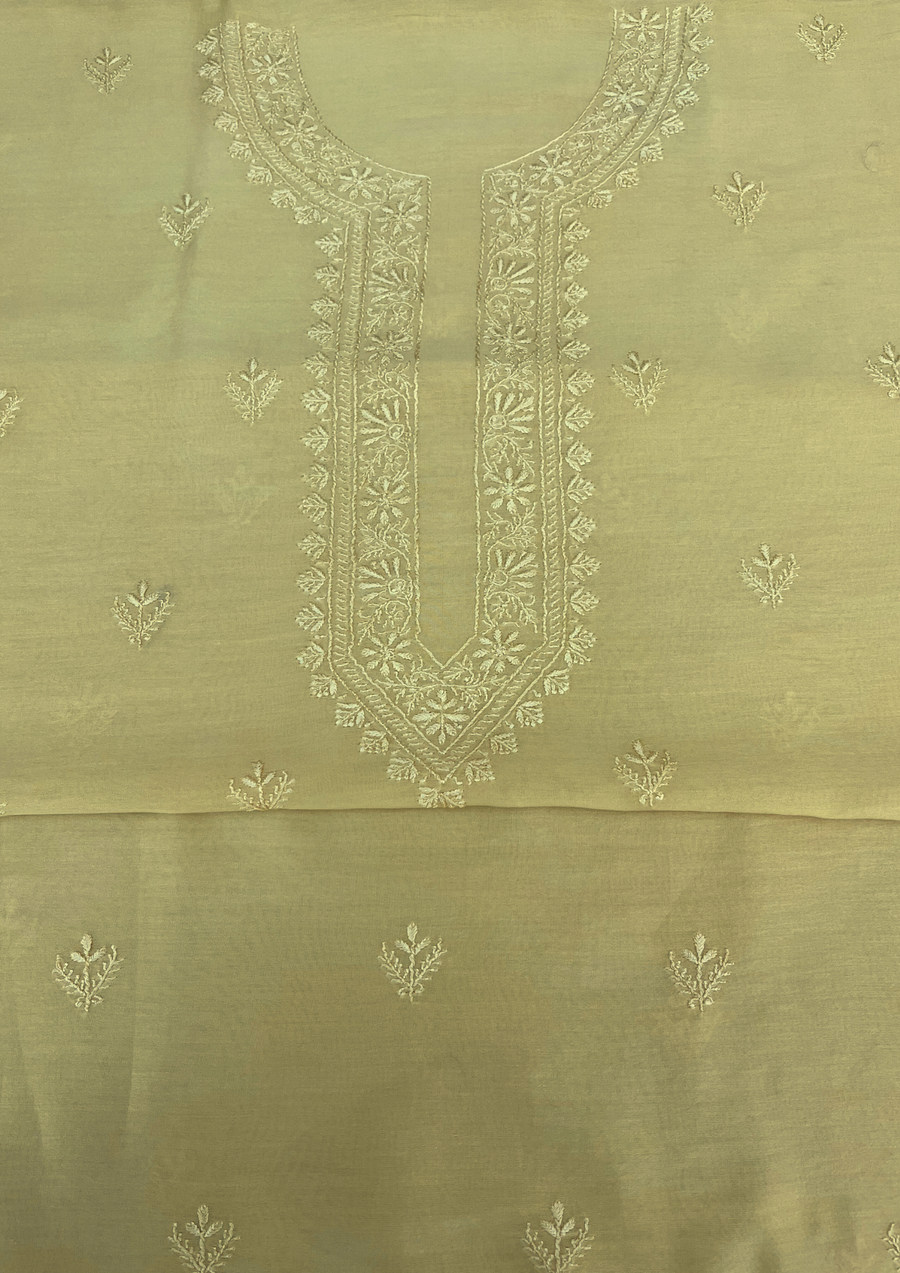 Chanderi Chikankari Unstitched Mens Kurta - Lime Yellow