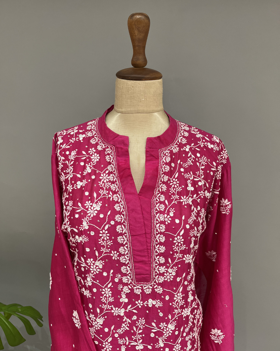 Chanderi Chikankari Co ord Set - Fuchsia Pink