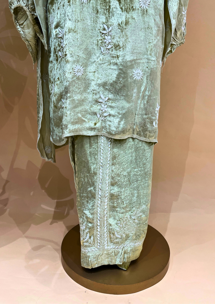 Velvet Chikankari Unstitched Coord Set - Beige Gold