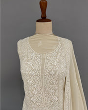 Pure Georgette Chikankari Unstitched 2pc Suit - Soft Beige