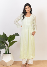 Muslin chikankari kurta - ombre lemon yellow