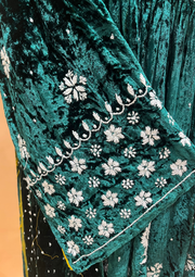 Velvet Chikankari Semistitched Palazzo Set - Emerald Green