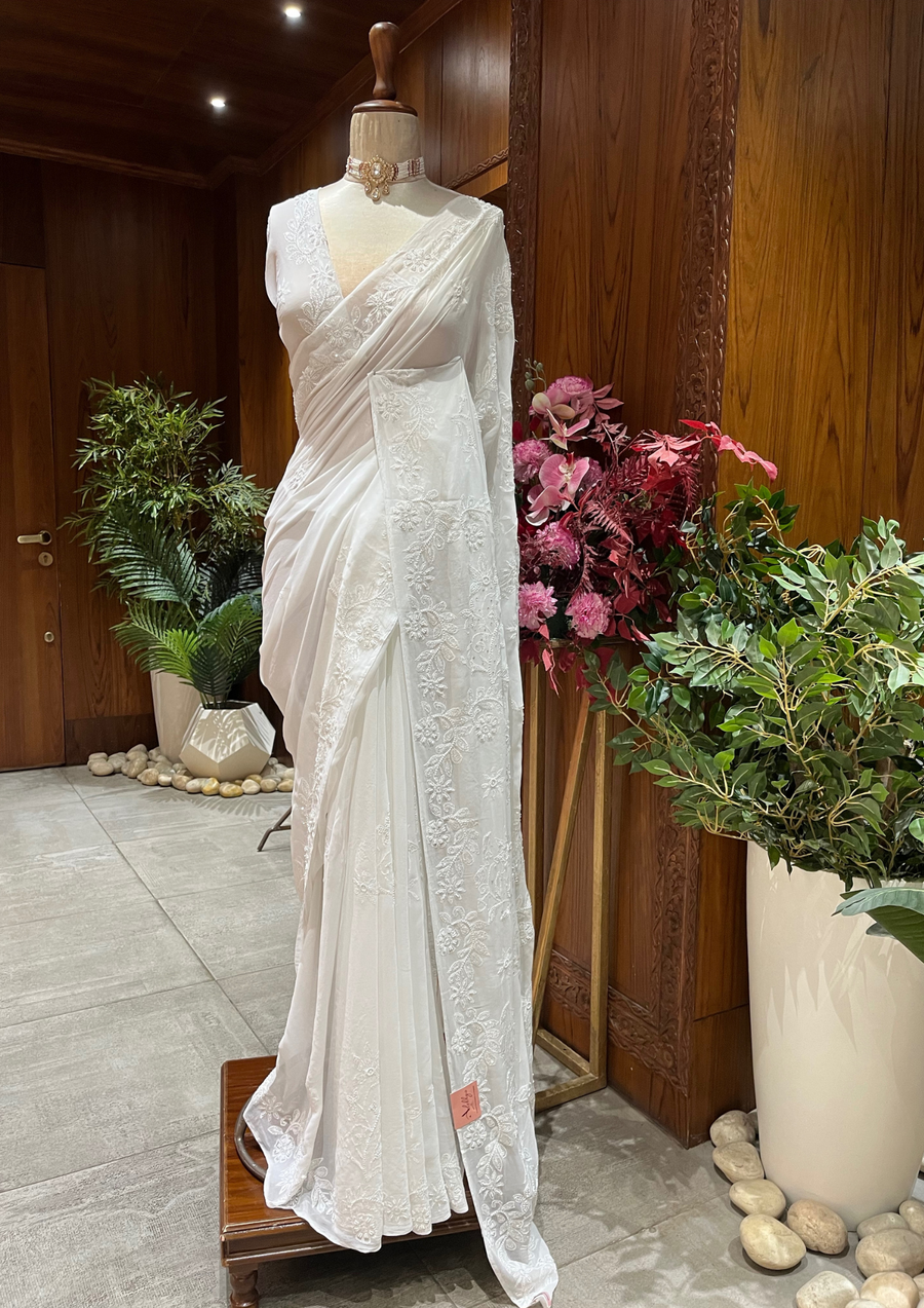 viscose Chikankari Saree - White
