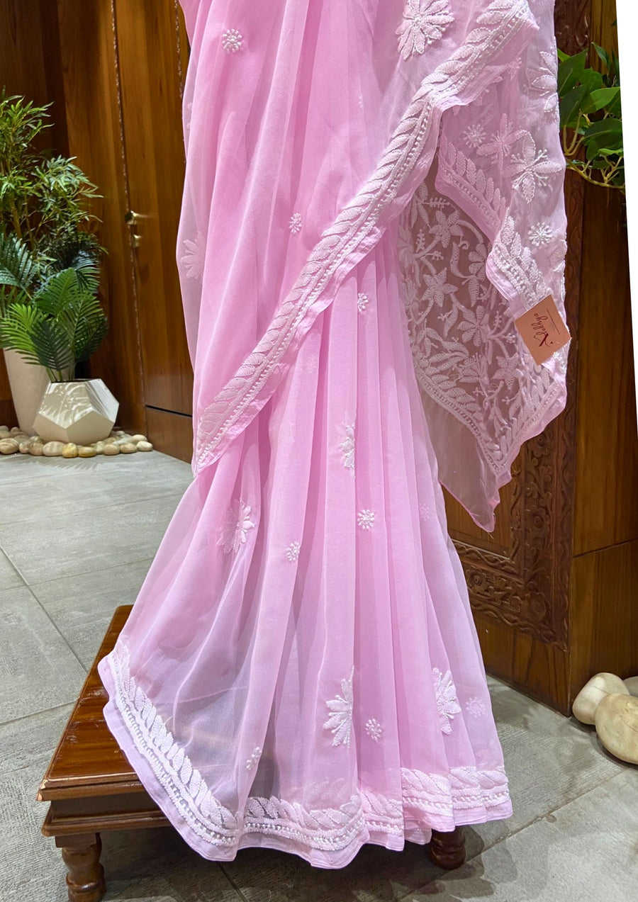 Chikan Saree Georgette - Pink