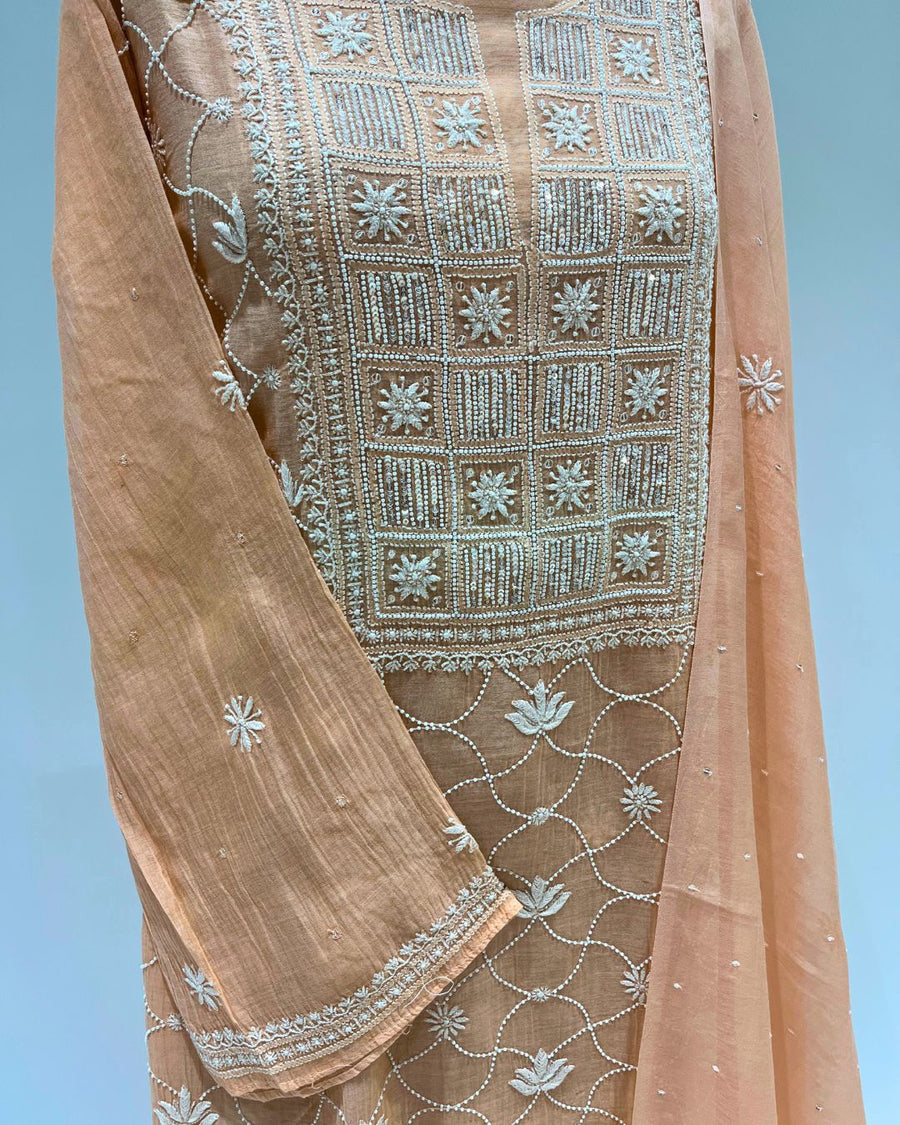 Mul Chikankari Unstitched 2pc Suit - Papaya Orange
