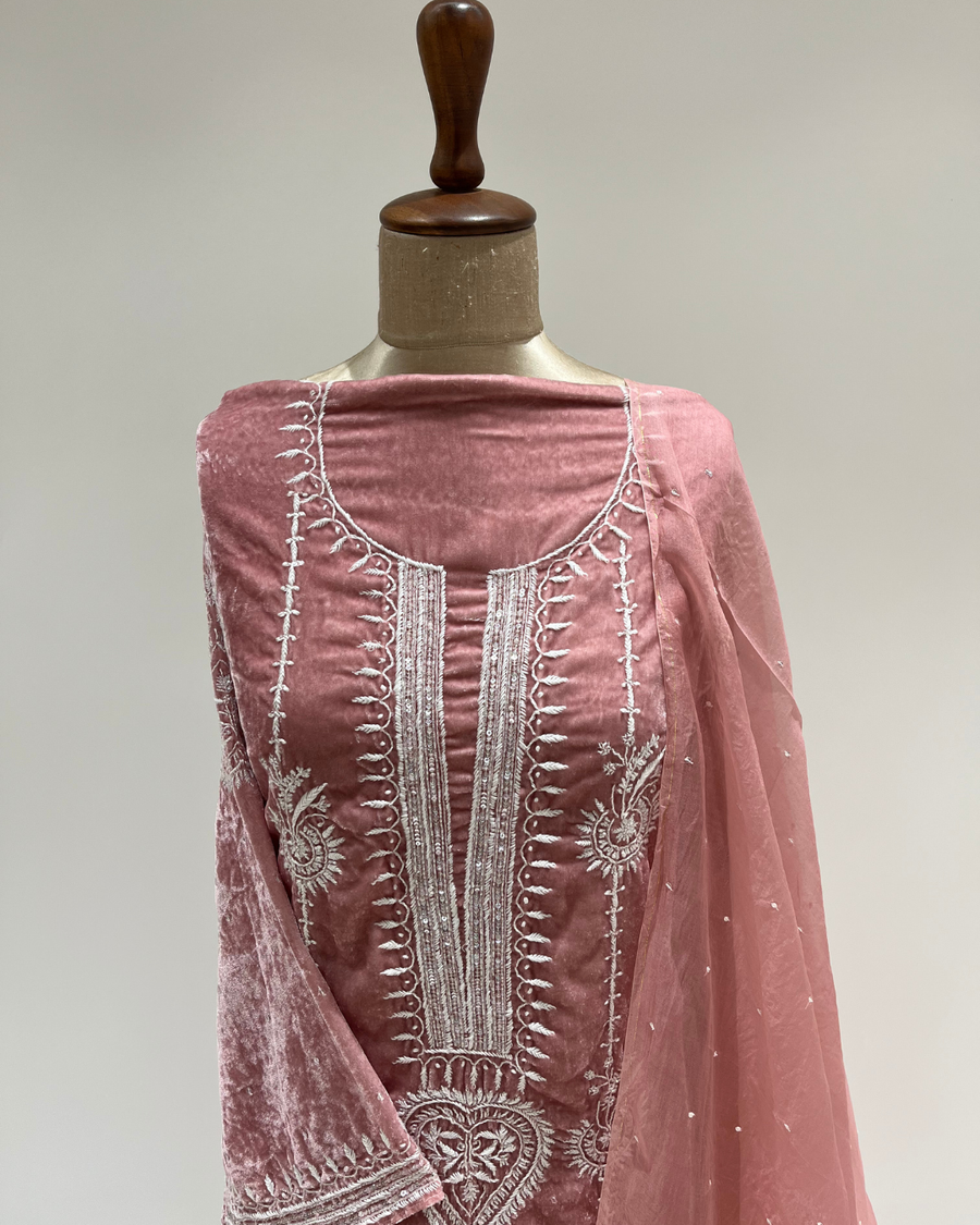 Velvet Chikankari Unstitched 2pc Suit Set - Pink Kisses