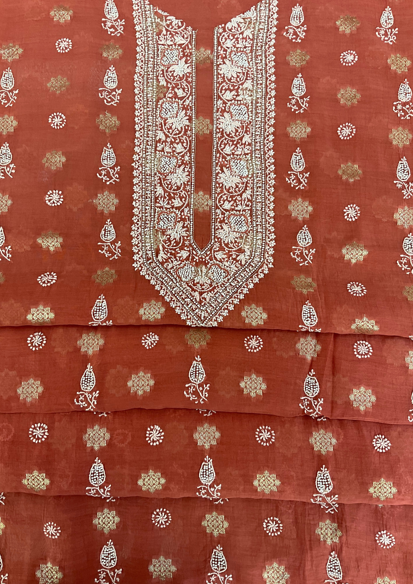 Mul Chanderi Chikankari Unstitched Mens Kurta - Brick