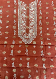 Mul Chanderi Chikankari Unstitched Mens Kurta - Brick