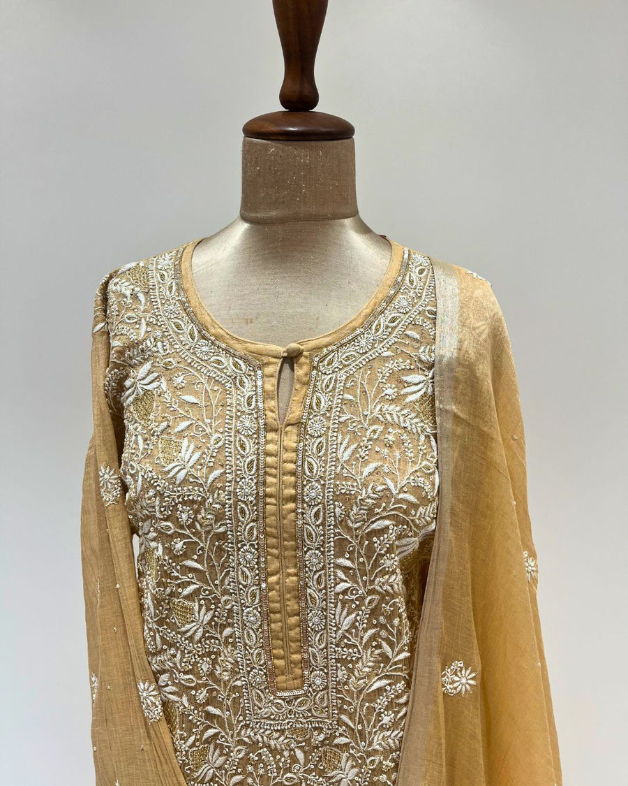 Tissue Chikankari Unstitched 2pc Suit - Warm Honey