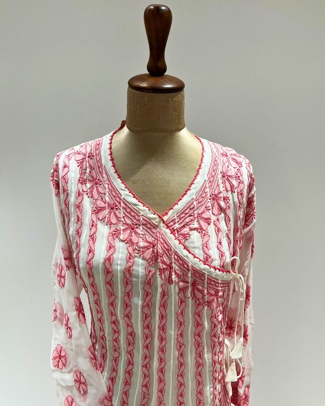 Georgette Anarkali Chikankari Kurta - White & Red