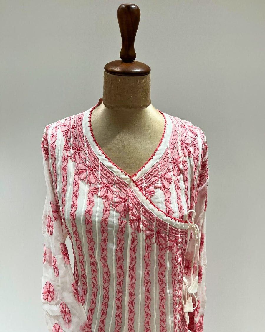 Georgette Anarkali Chikankari Kurta - White & Red