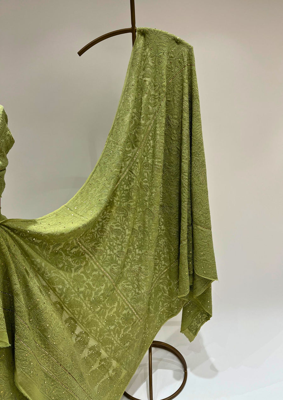 Pure Georgette Chikankari Unstitched Lehenga - Olive Green