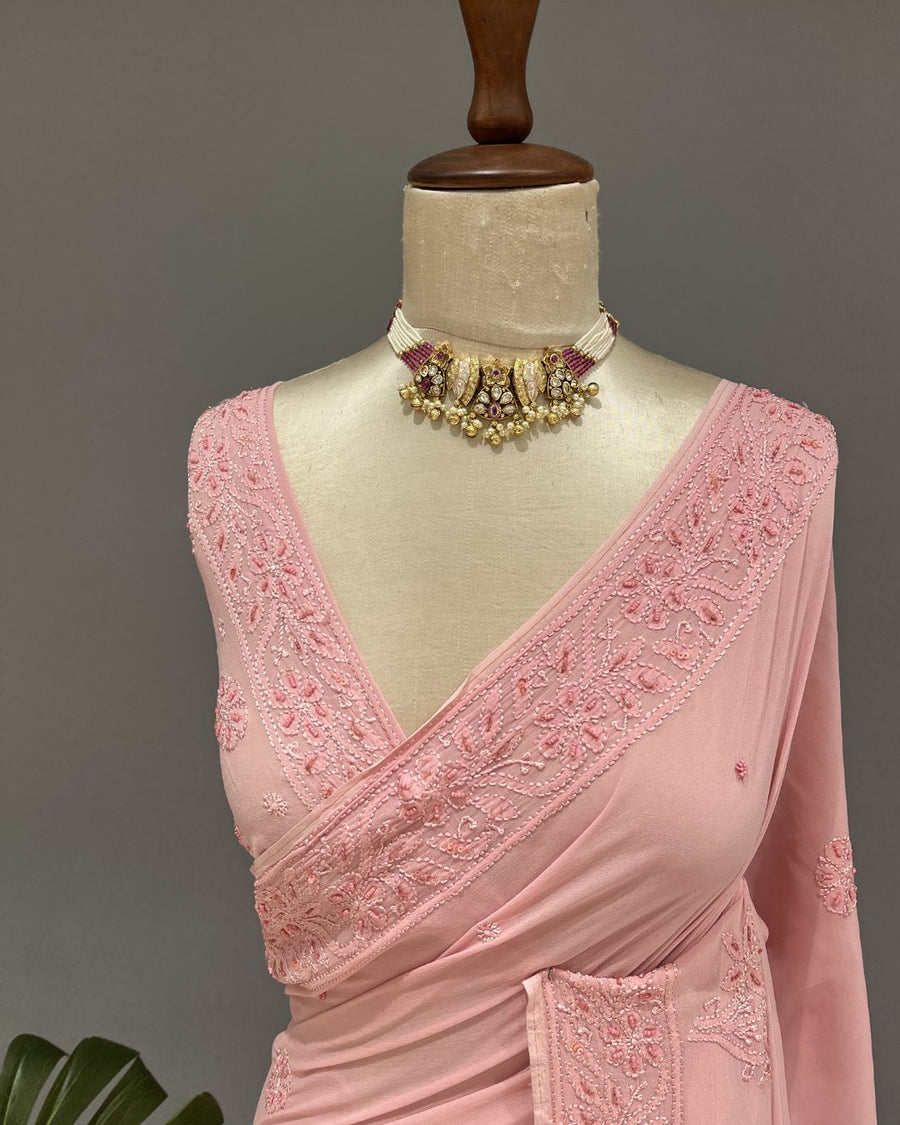 Viscose Chikankari Saree - Rose Gold