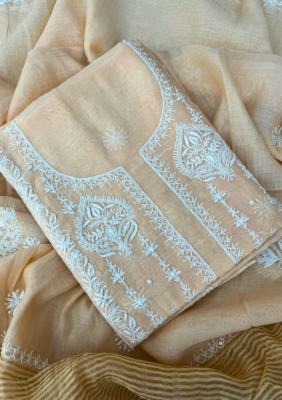 Chikankari Mul Chanderi Unstitched 2Pc Suit - Peach