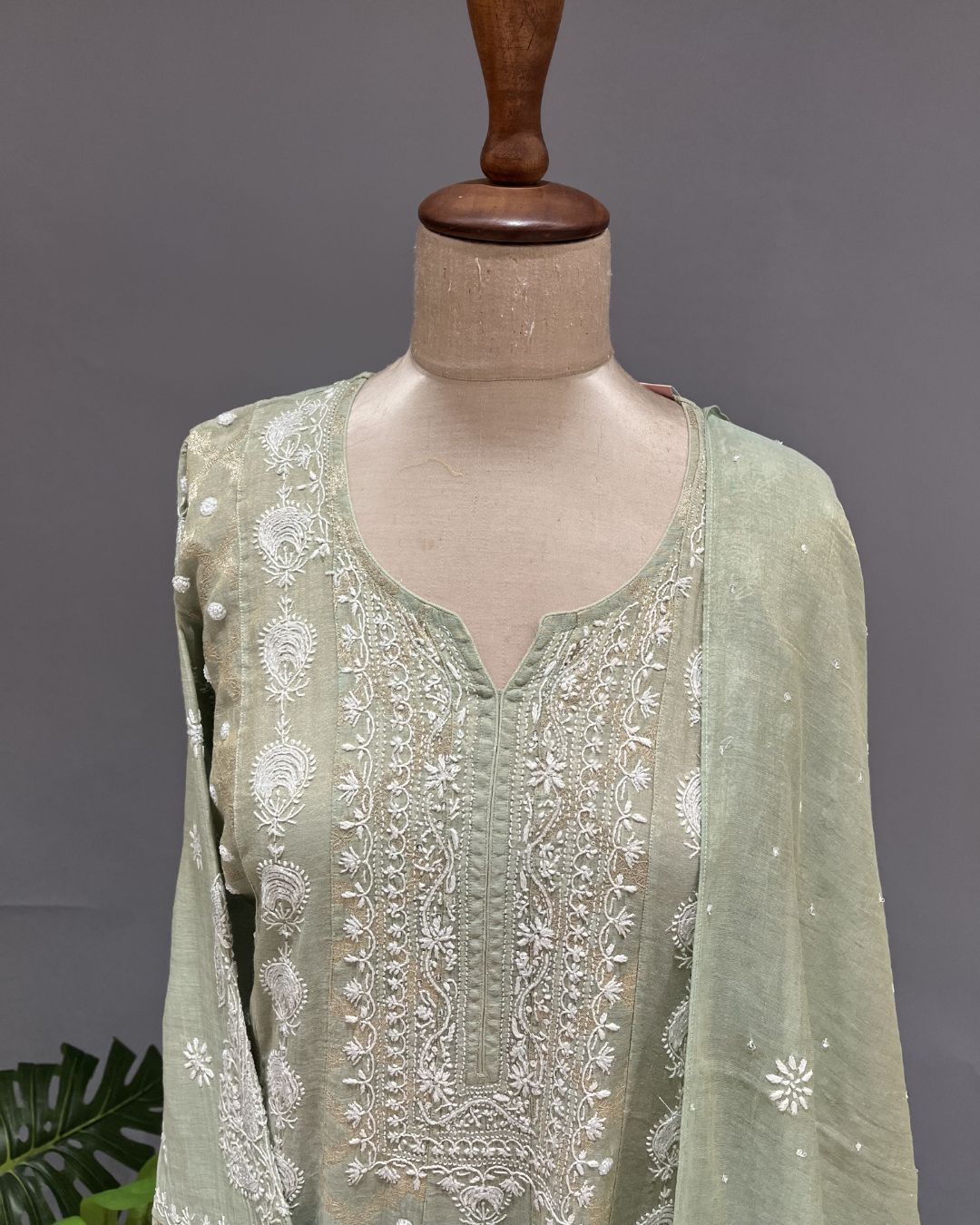 Banarsi Chanderi Chikankari Semistitch 2pc Suit - Sage Green