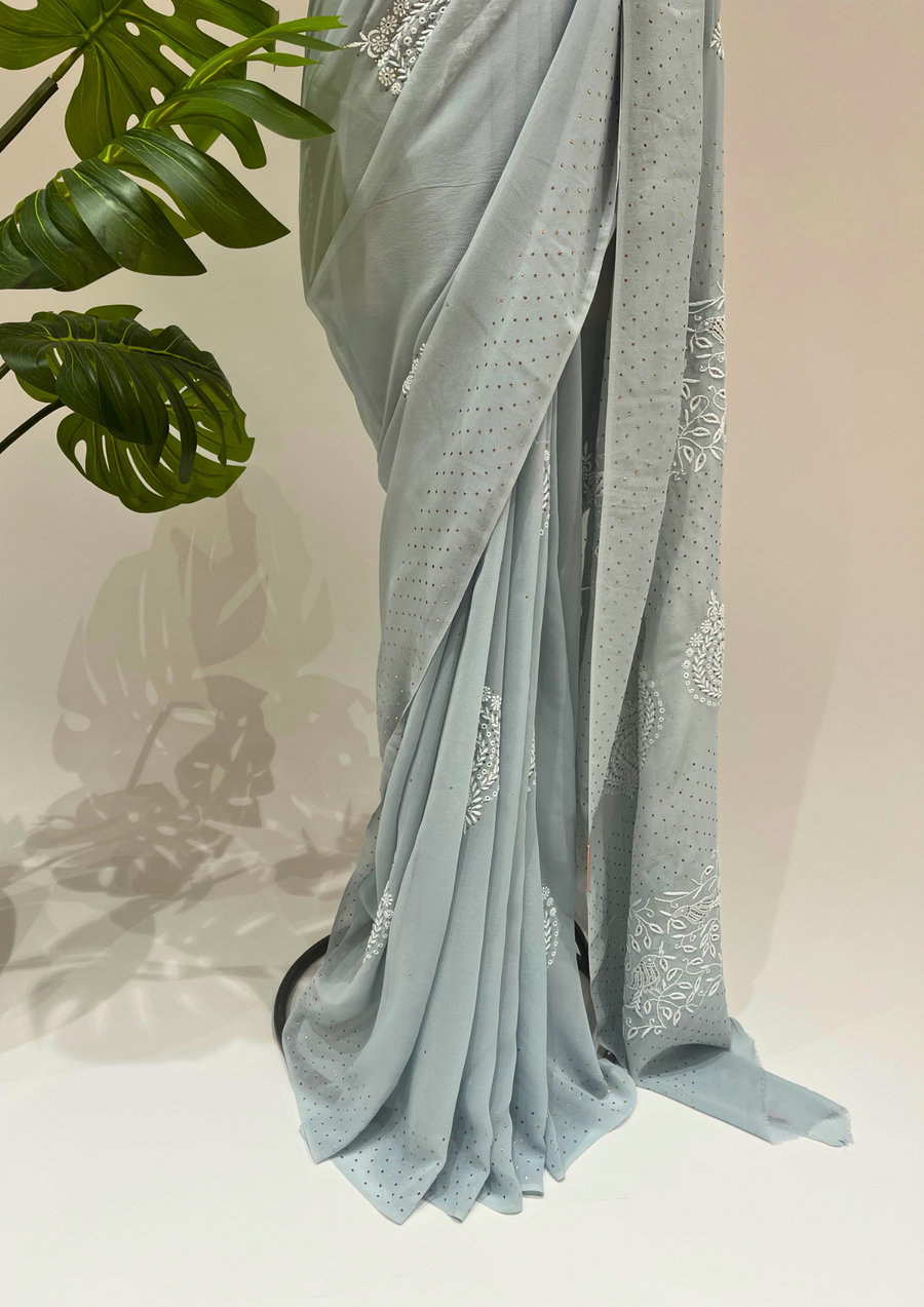 Pure Georgette Chikankari Saree  - Greyish Blue