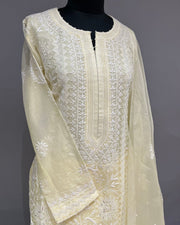 Organza Chikankari Stitch 3pc Suit - Lemon Yellow
