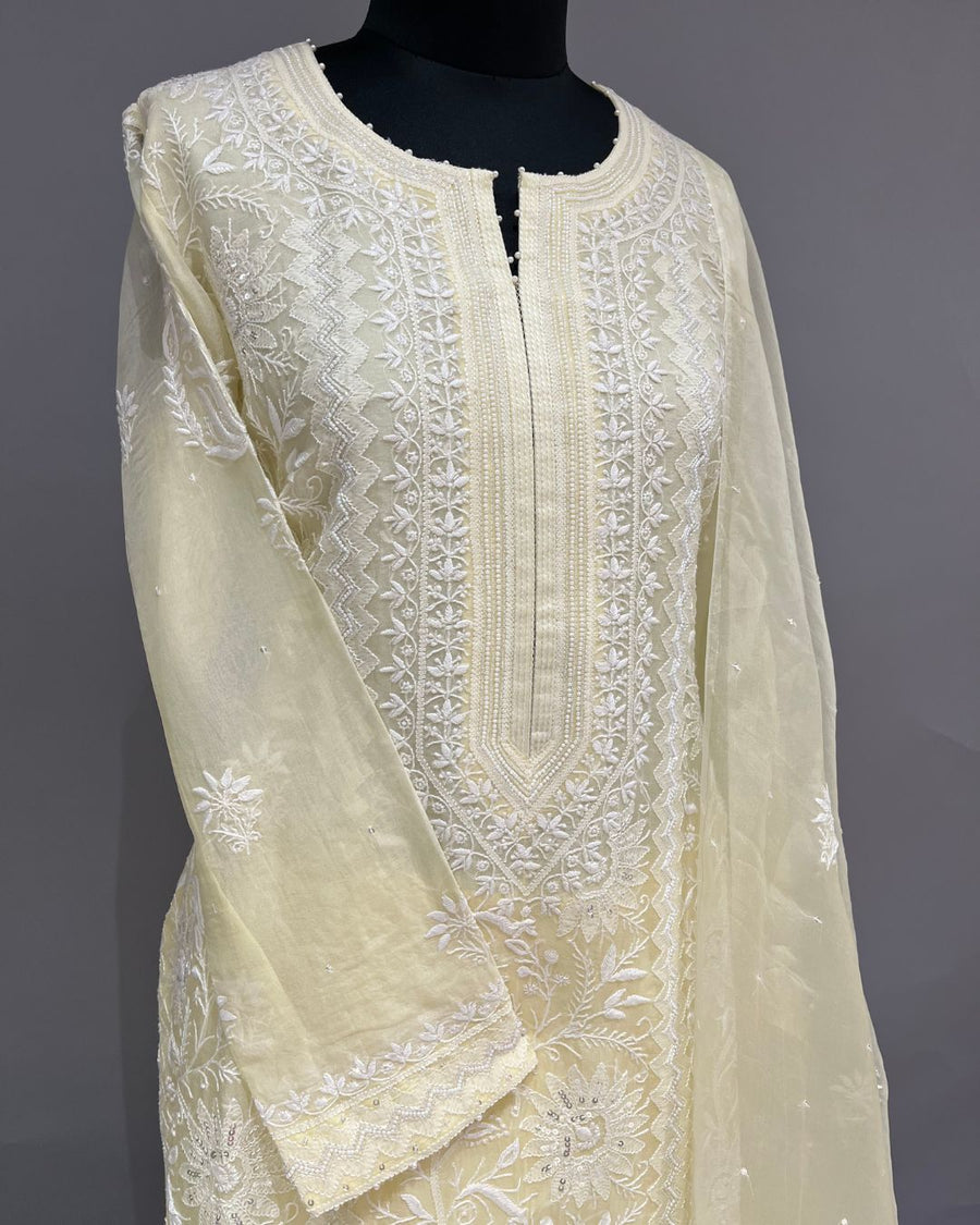 Organza Chikankari Stitch 3pc Suit - Lemon Yellow