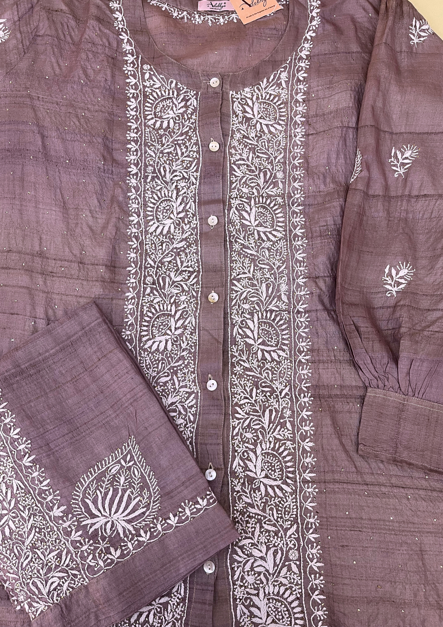 Chikankari Semistitched Tusser Silk Co-ord Set - Violet