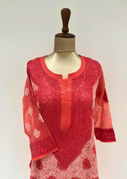 Georgette Chikankari Long Kurti - Peach and Red