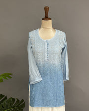 Muslin Chikankari Short Kurti - Periwrinkle Blue Ombre