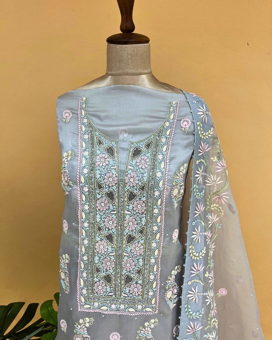 Organza Chikankari Unstitsched Kurta And Dupatta Set- Frost Blue