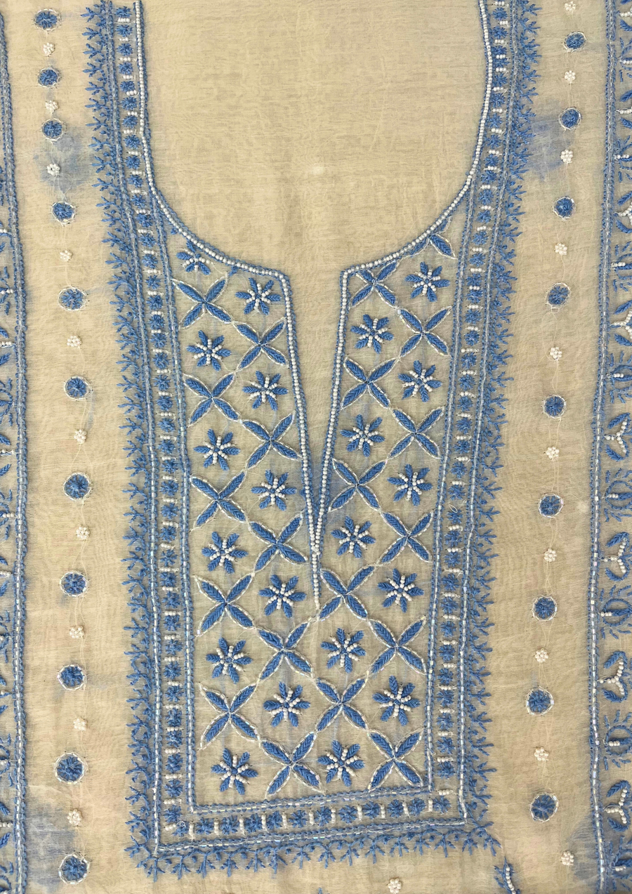 Chikankari Mul Chanderi Unstitched Suit - White and Blue