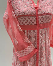 Georgette Anarkali Chikankari Kurta- Coral Pink