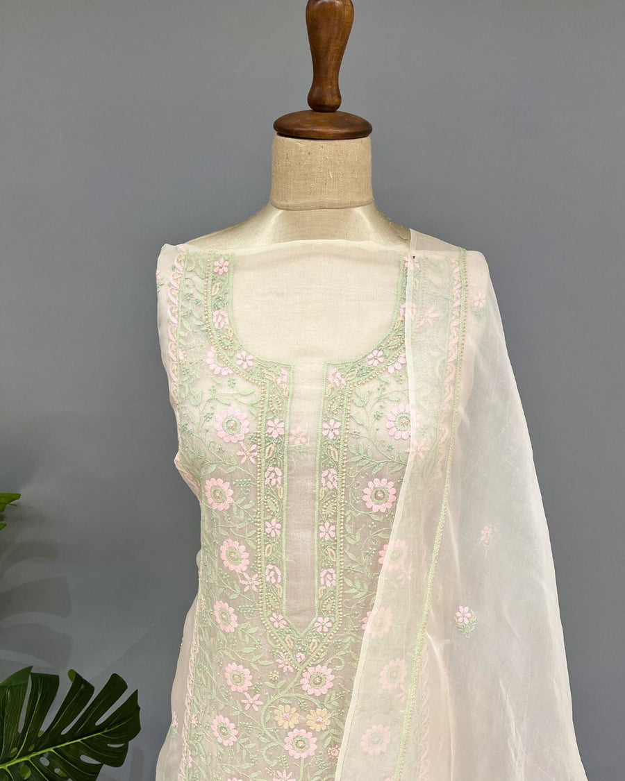 Chikankari Organza Unstitched Suit - Peach