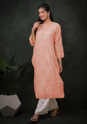 Mul Chikankari Long Kurti - Peach Nectar