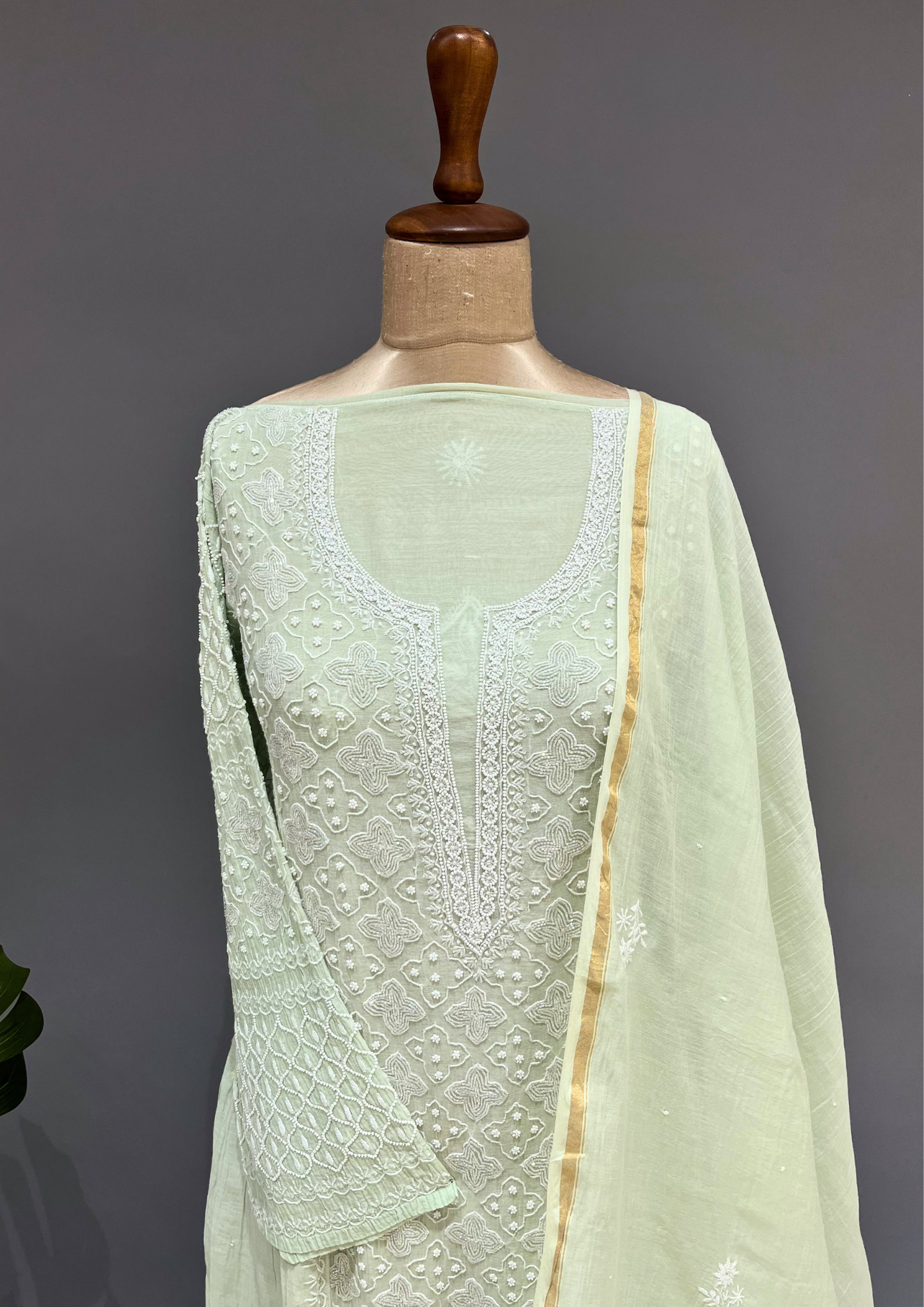 Chikankari Mul Chanderi A-Line Kurta and Dupatta - Pastel Green