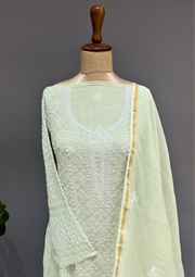 Chikankari Mul Chanderi A-Line Kurta and Dupatta - Pastel Green