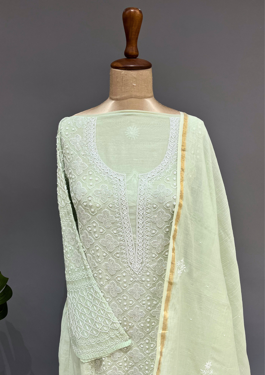 Chikankari Mul Chanderi A-Line Kurta and Dupatta - Pastel Green