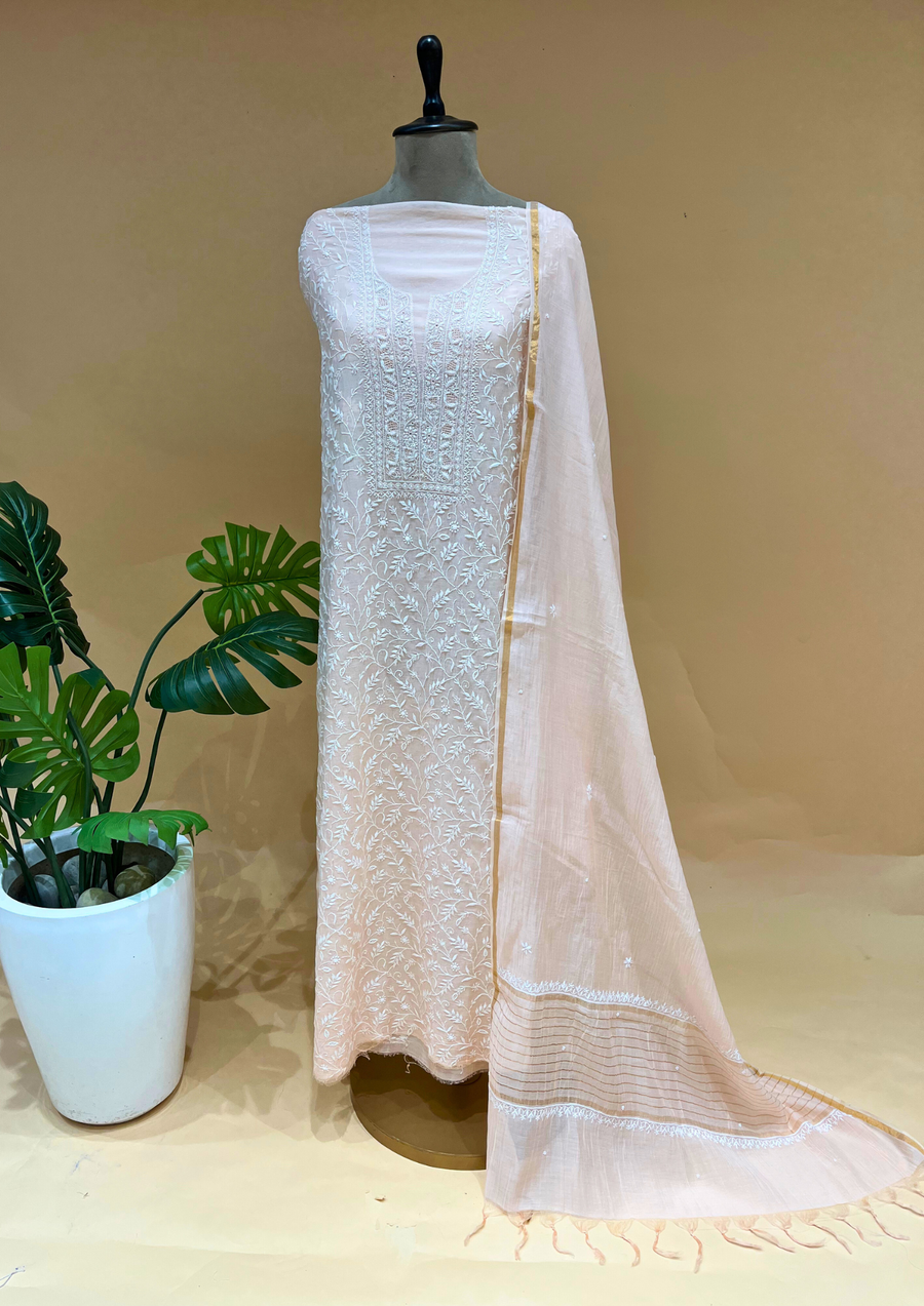 Chikankari Mul Chanderi Unstitched 2pc Suit - Peach Dust