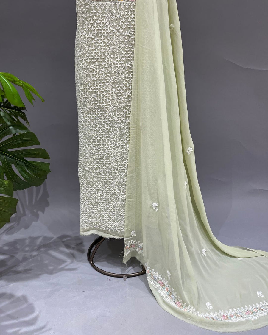 Pure Georgette Chikankari Unstitched 2pc Suit - Mint Green