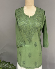 Cotton Chikankari Short Kurta - Asparagus