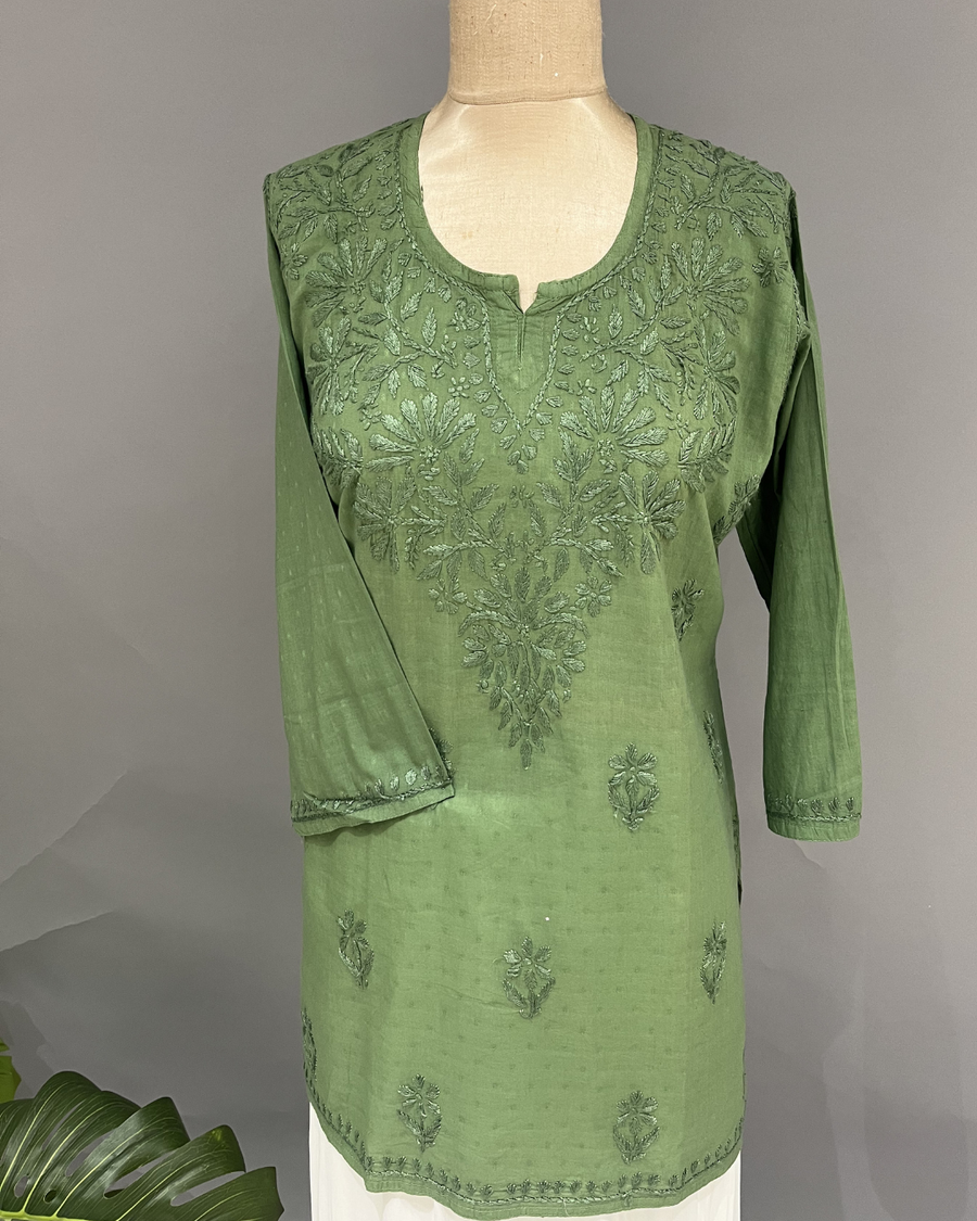 Cotton Chikankari Short Kurta - Asparagus