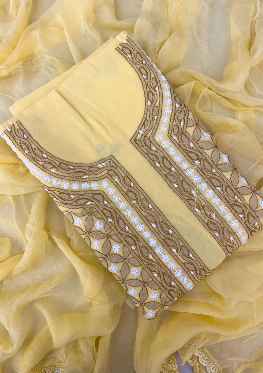 Cotton Chikankari Unstitched Suit - Yellow
