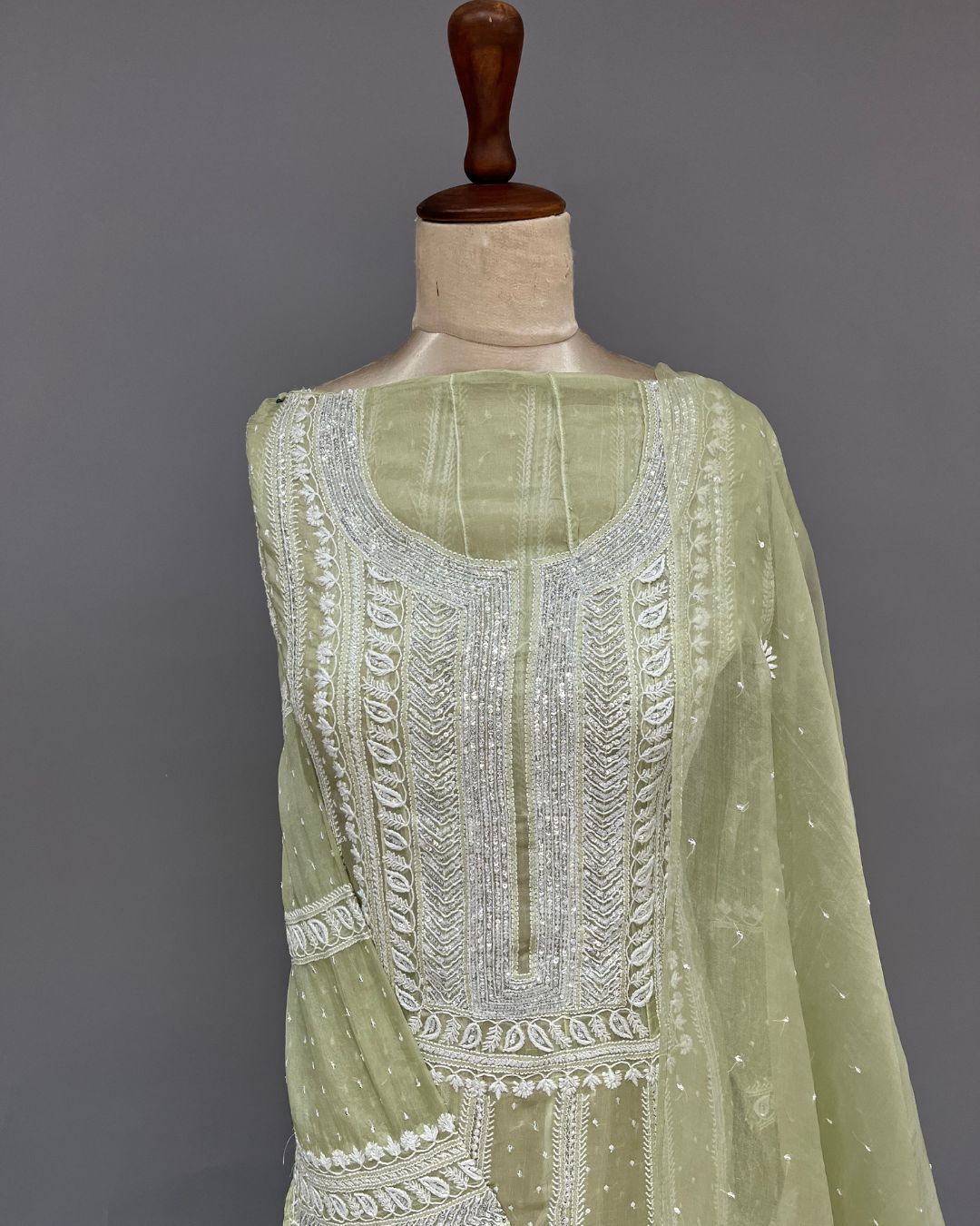 Organza Chikankari Unstitch 2pc Anarkari - Sage Green Ombre