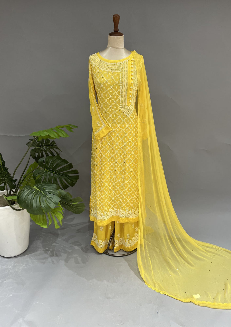 Modal Chikankari Stitch 3pc Suit - Laser Lemon