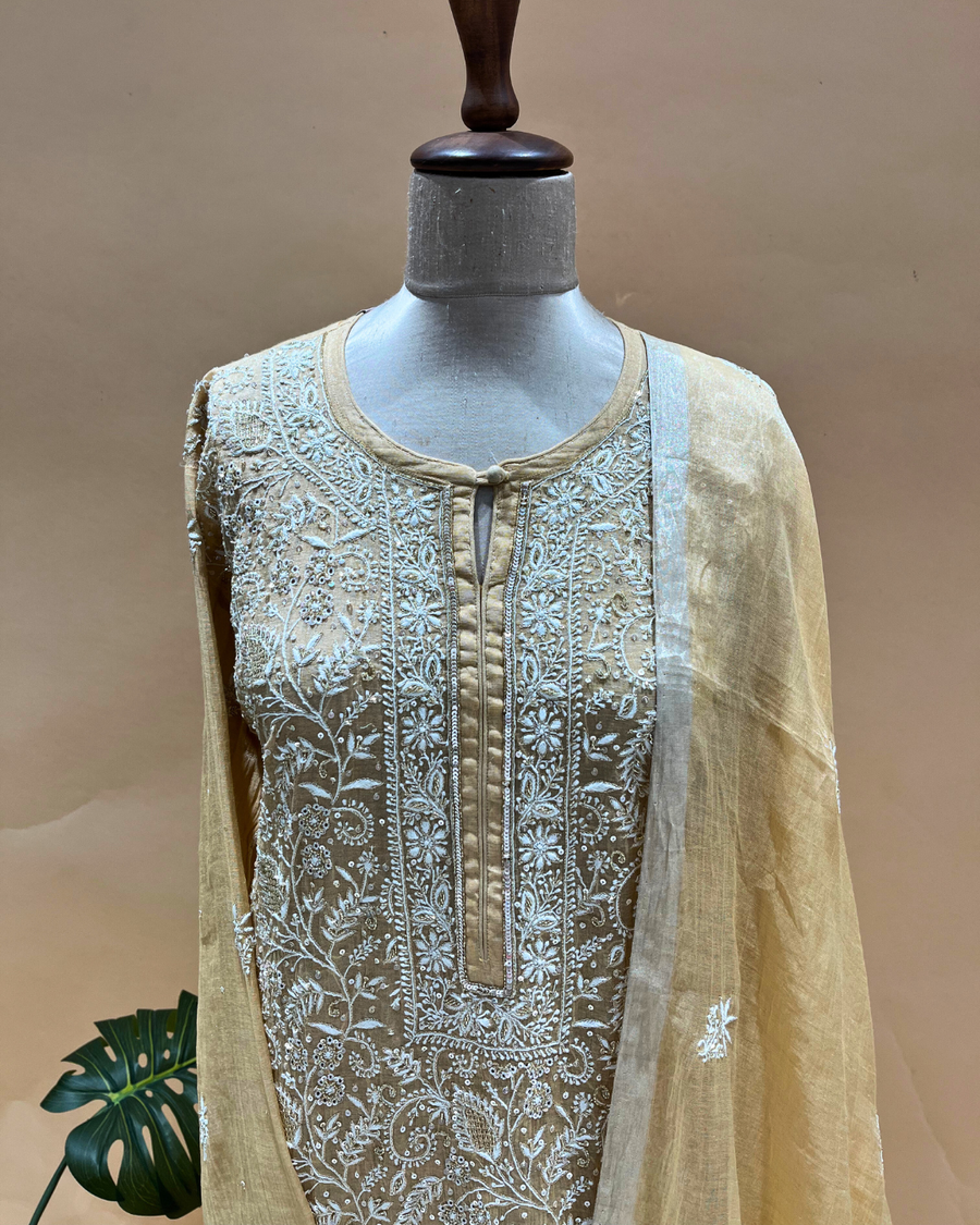 Chikankari Semistitched Tissue Straight Suit Set - Deep Champagne